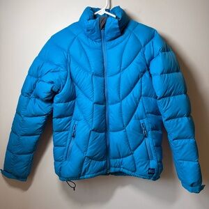 MEC down fill puffer jacket blue zips to fasten hand-warmer pockets hem cinches.